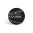 A black baseball with white stitching and a logo on its surface.