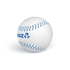 A white baseball with blue stitching and a logo on one side.