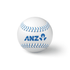 A white baseball with blue stitching and a logo. The ball is positioned against a plain background.
