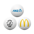 A set of three golf balls, predominantly white, featuring logos in blue and yellow.