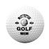 A white golf ball featuring a logo and text related to golf. The surface is dimpled with a smooth finish.