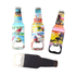A drink bottle opener in a bottle shape featuring vibrant designs of tropical scenes, including birds, beaches, and palm trees.