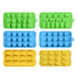 Silicone ice trays in green, blue, and yellow featuring various fun shapes like stars, cars, and hearts.