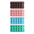 Silicone ice trays in heart shapes, featuring four colours: brown, pink, blue, and green. Each tray has custom moulds and a logo.