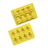 Yellow silicone ice trays featuring custom moulds shaped like miniature figures. Each tray holds multiple moulds.