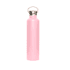 A drink bottle in a soft pink colour with a stainless steel lid and handle, featuring a logo.