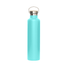 A drink bottle in a vibrant turquoise colour with a stainless steel lid and a handle, featuring a logo.