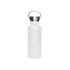 A drink bottle in white with a metal lid and handle, featuring a branding logo on its surface.
