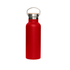 A drink bottle in vibrant red with a stainless steel body and a bamboo lid, featuring a silver handle and branding.