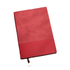 A red A5 leather notebook with a ribbed cover and a smooth lower section, featuring a branded logo.