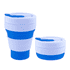 A collapsible silicone cup in blue and white, featuring a lid and a stacked design. It has a logo on the side.