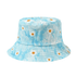 A bucket hat with a blue tie-dye pattern, featuring white daisies and orange centres, and a subtle logo.