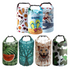 A collection of five brightly coloured 5L sublimated waterproof dry bags featuring various artistic designs and a logo.