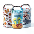 Three 5L sublimated waterproof dry bags featuring vibrant summer-themed designs in various colours. Each bag has a black strap and logo.