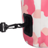 A pink and white camo-patterned waterproof dry bag featuring a clip and a black attachment point.