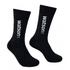 A pair of black socks featuring a logo in white and blue, showcasing a sleek design for comfortable wear.