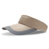 A sun visor in beige and grey, featuring a wide brim and a padded headband, with a logo on it.