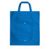 A blue foldable non-woven shopping bag with two handles and a front pocket, featuring a logo.