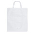 A white foldable non-woven shopping bag with two handles and a front pocket, featuring a logo.