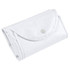 A white foldable non-woven shopping bag, neatly folded and secured with a snap closure, featuring a logo.