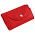 A red foldable non-woven shopping bag, neatly folded and secured with a button. It has a simple logo.