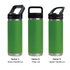 A drink bottle featuring three green designs with different lid options: straw handle, Tritan lid, and sipper handle.