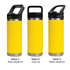 A drink bottle in yellow with three lid options: straw handle, Tritan lid, and sipper handle. It includes a logo.