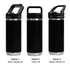 A drink bottle featuring a sleek black design with three different lid options: straw handle, Tritan lid, and sipper handle.