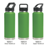 A drink bottle set featuring three green vacuum bottles with different lid options: straw handle, Tritan, and sipper handle.