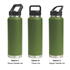 A drink bottle in green, featuring three lid options: straw handle, Tritan lid, and sipper handle. It includes branding.