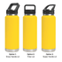 A drink bottle in vibrant yellow with three lid options: straw handle, Tritan lid, and sipper handle.
