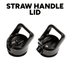 A drink bottle with two black straw handle lids positioned side by side, showcasing different designs.