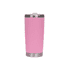 A drink bottle in a vibrant pink finish with a stainless steel base and a lid. It features a logo on the body.