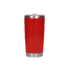 A drink bottle in vibrant red with a stainless steel base and a lid, featuring a logo.