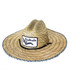 A straw hat in natural tones, featuring a wide brim and a central logo patch.