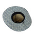 A straw hat with a patterned blue and white design and a black lining. It features a decorative inner shell pattern.