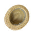 A straw hat with a wide brim, featuring a natural tan colour and a woven design. It has a branding logo inside.