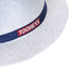 A white straw hat with a blue band featuring a logo. The hat has a textured design.