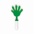 A green hand clapper with a white handle, featuring a hand-shaped design.