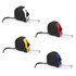 A set of four rubber-coated flexometers in white, red, yellow, and blue, with a black casing and measuring tape.