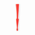 A red foldable fan with a sleek design and a small hole for hanging. It features a logo on one side.