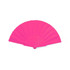 A pink RPET foldable fan with multiple pleats and a round handle, featuring a logo on the handle.