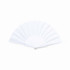 A foldable fan in white, featuring multiple pleats and a small button for opening and closing, with a logo.