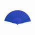 A blue RPET foldable fan with a circular base, fully opened to display its pleated design.