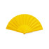 A foldable fan in bright yellow, featuring a textured design and a round base, with a logo on one side.
