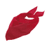 A red triangular bandana with a smooth texture and a tied design; features a logo.