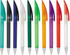 A collection of twist-action plastic pens in various colours, including black, blue, green, purple, orange, and red.