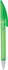 A frosted green twist-action plastic pen with a clip and a transparent body. It features a branding logo.