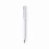 A white glossy aluminium twist-action pen with a silver clip and accents. It features a logo on the body.