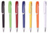 A set of seven push-action plastic ballpoint pens in black, green, red, blue, yellow, orange, and white, each with a clip.